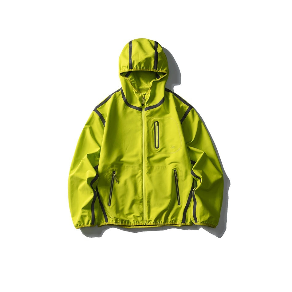 Bright fluorescent green hooded zip jacket flat lay with dark contrast tape
