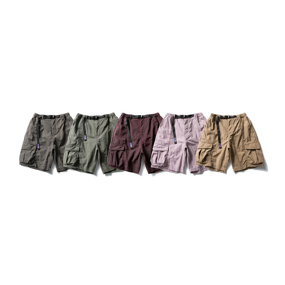Five pairs of belted cargo shorts in charcoal, sage gray, burgundy, pale mauve, and tan.