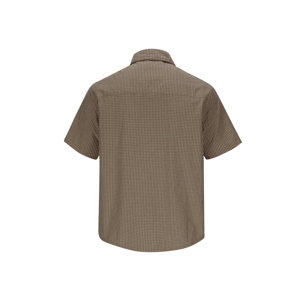 Back view of brown small-check short-sleeve shirt showing back yoke seam and curved hem