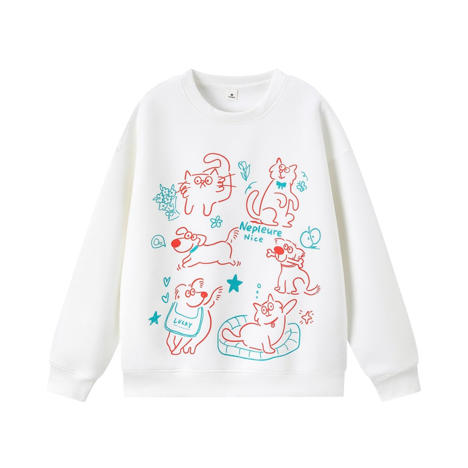 White crew-neck sweatshirt with red and teal cat and dog line-art print on the front