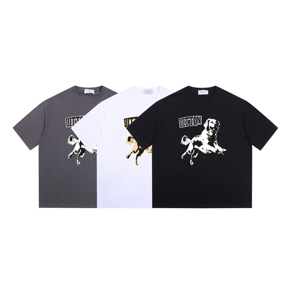 Three short-sleeve T-shirts in gray, white, and black, each with a dog graphic and lettering on the front.