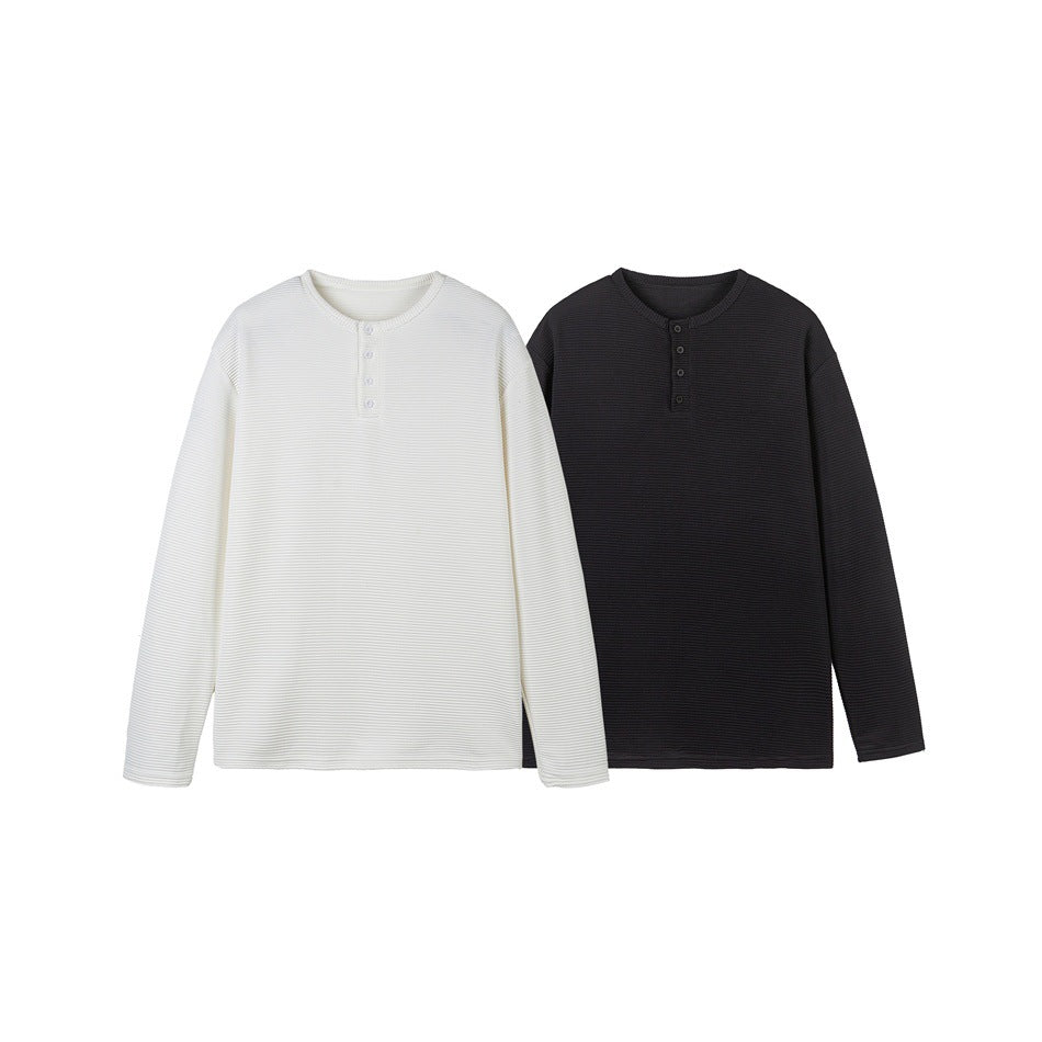 Two long-sleeve ribbed henley shirts displayed side by side in white and black.