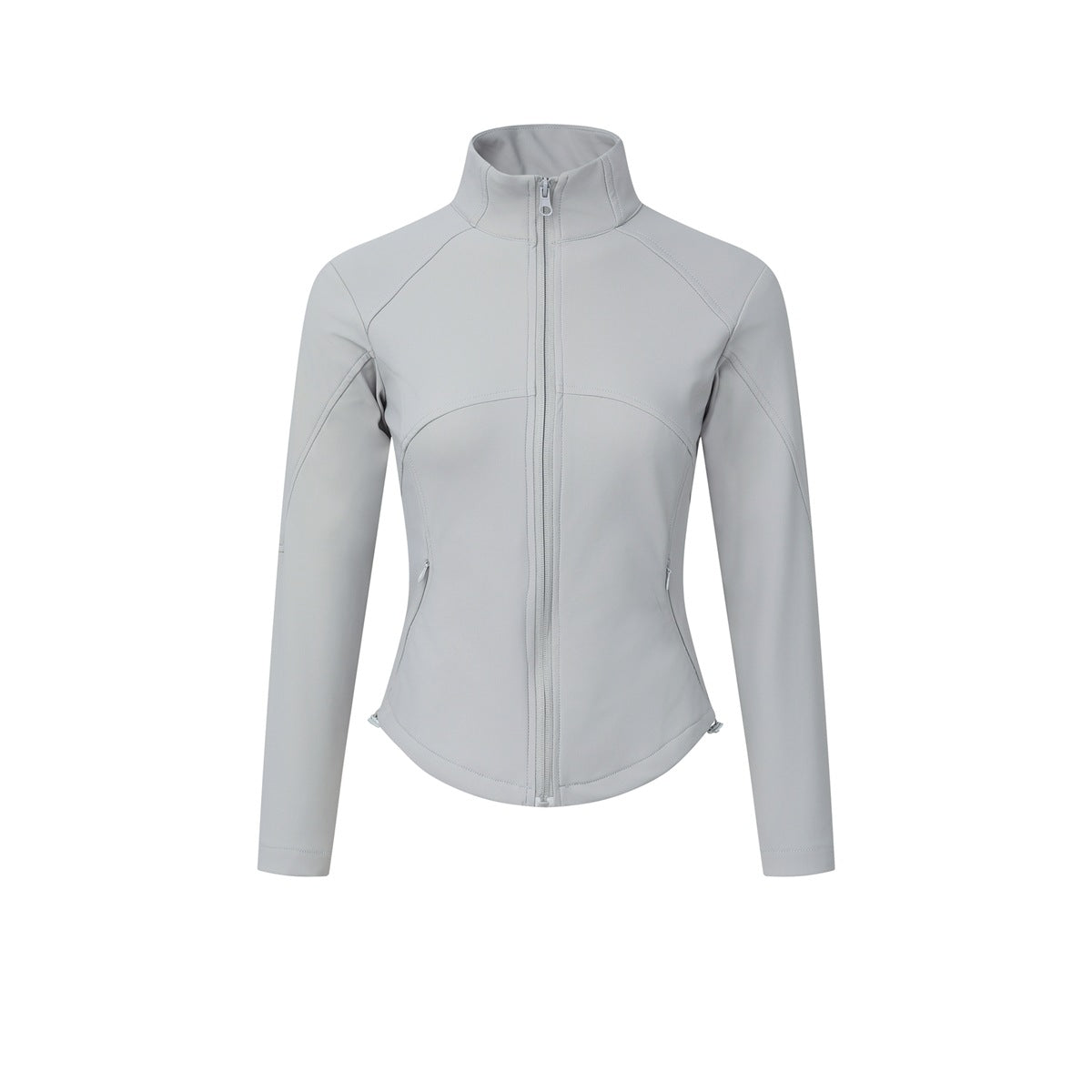 Light gray stand-collar full-zip women's jacket, front view on a white background