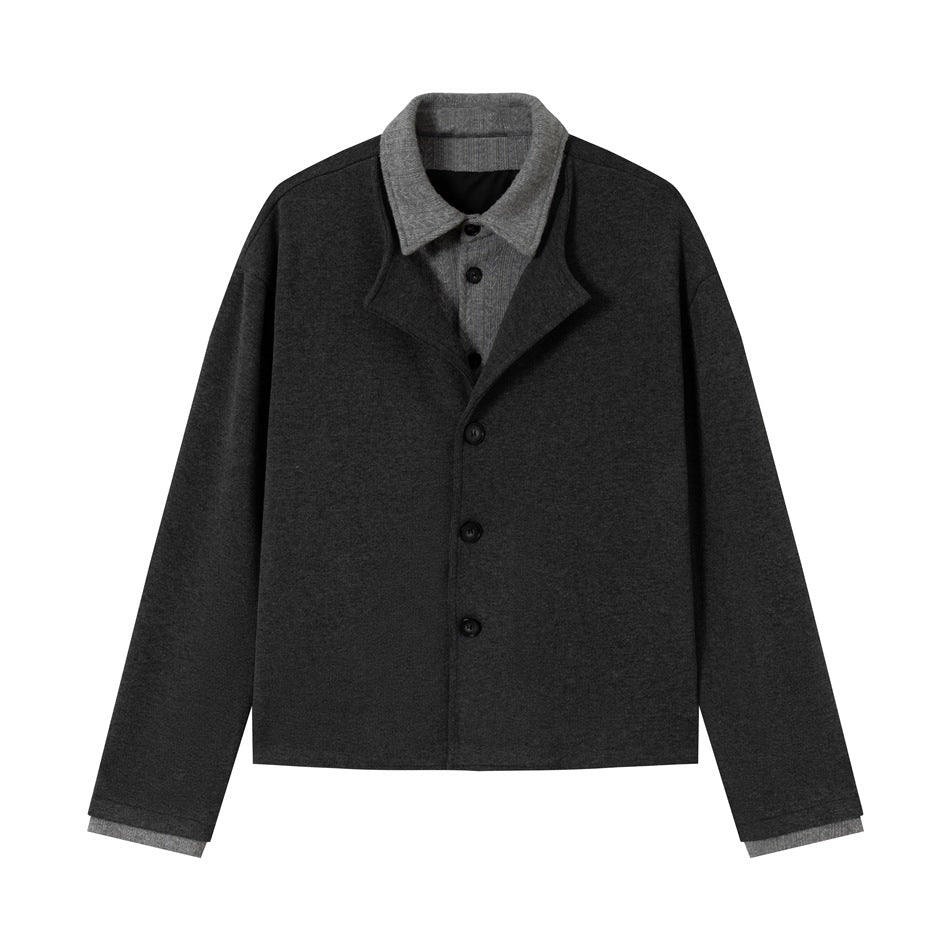 Dark gray cropped button-front jacket with lighter gray layered collar and cuffs, flat front view
