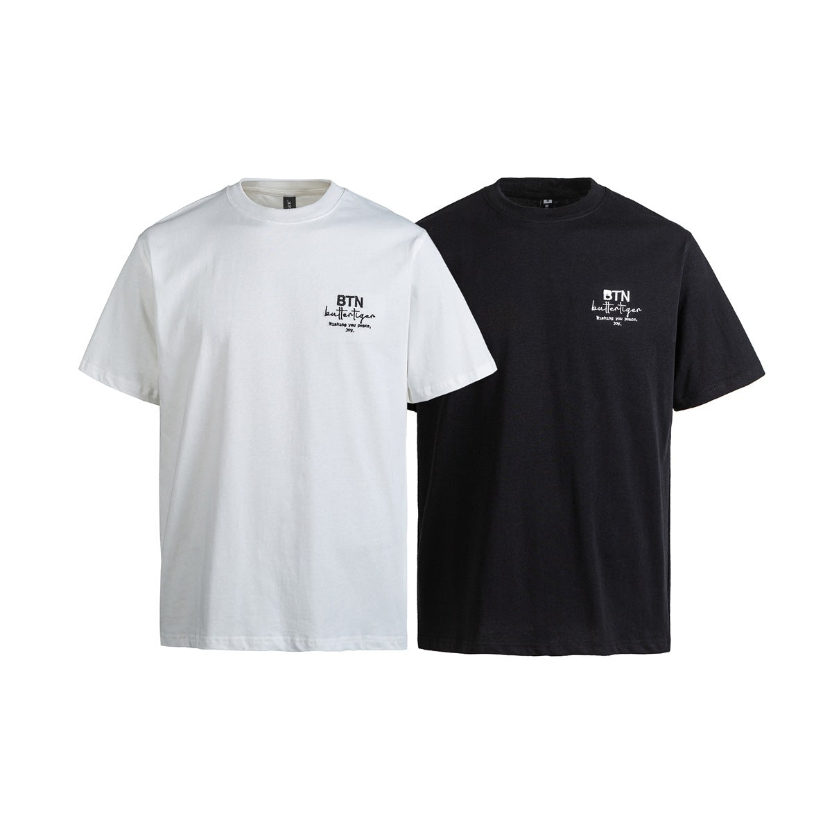 White and black short-sleeve crew-neck T-shirts shown from the front, each with small chest lettering.