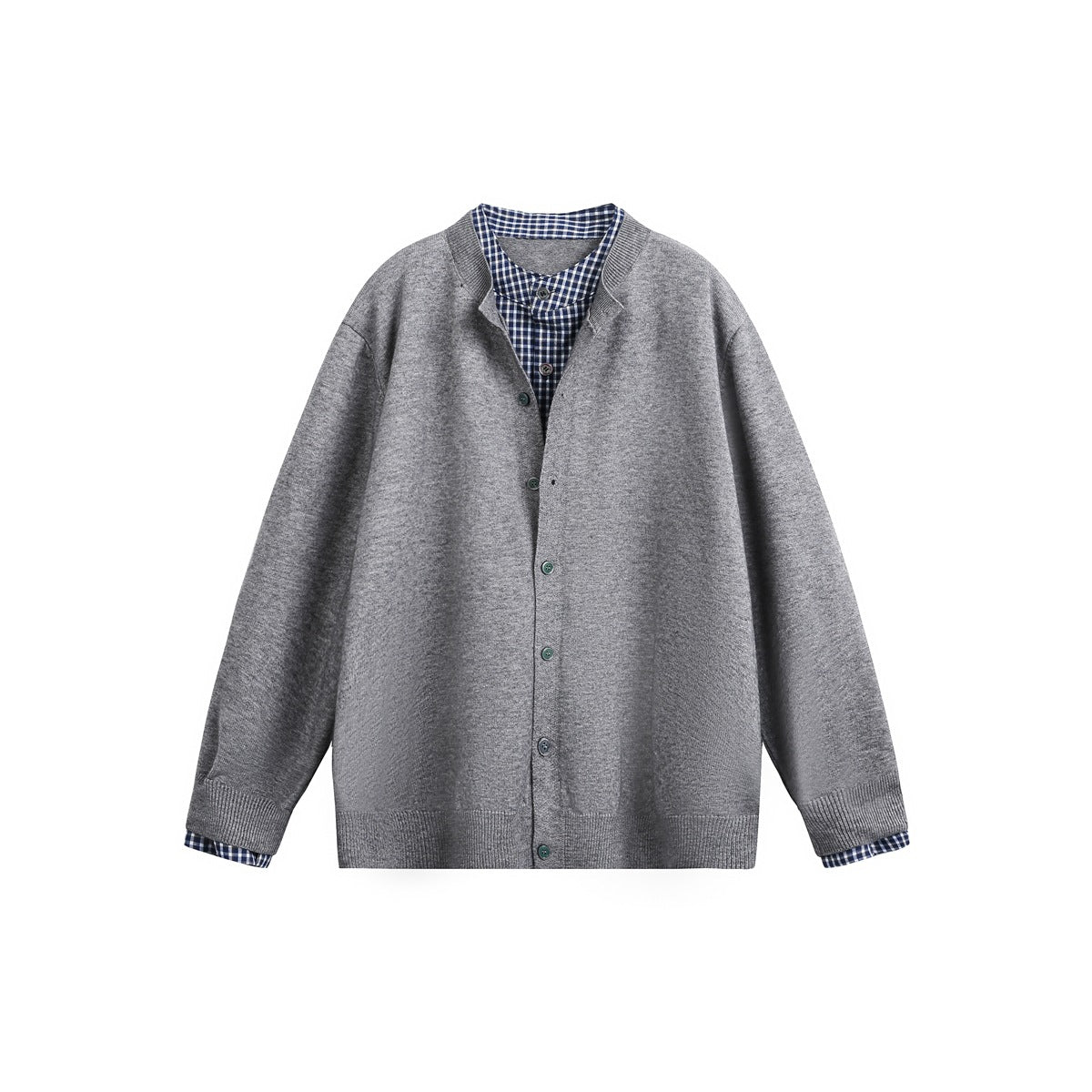 Gray button-front knit cardigan with navy and white checked collar and cuff layer, flat front view