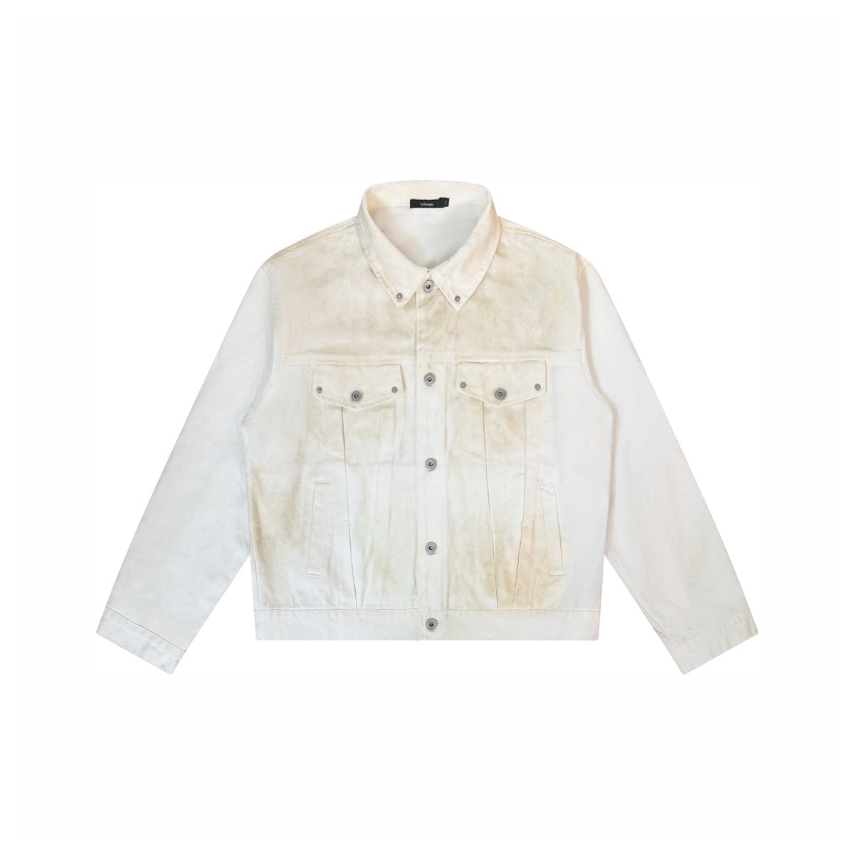Mud-dyed white button-front jacket, flat lay front view with chest flap pockets and tan mottled patches