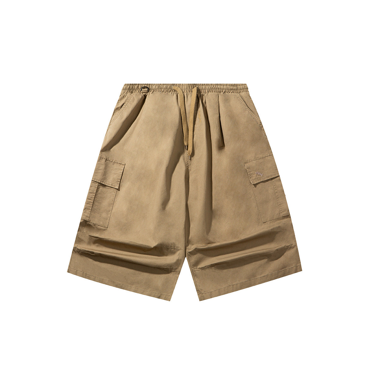 Khaki knee-length cargo shorts with drawstring elastic waist and flap pockets on each side, flat lay front view