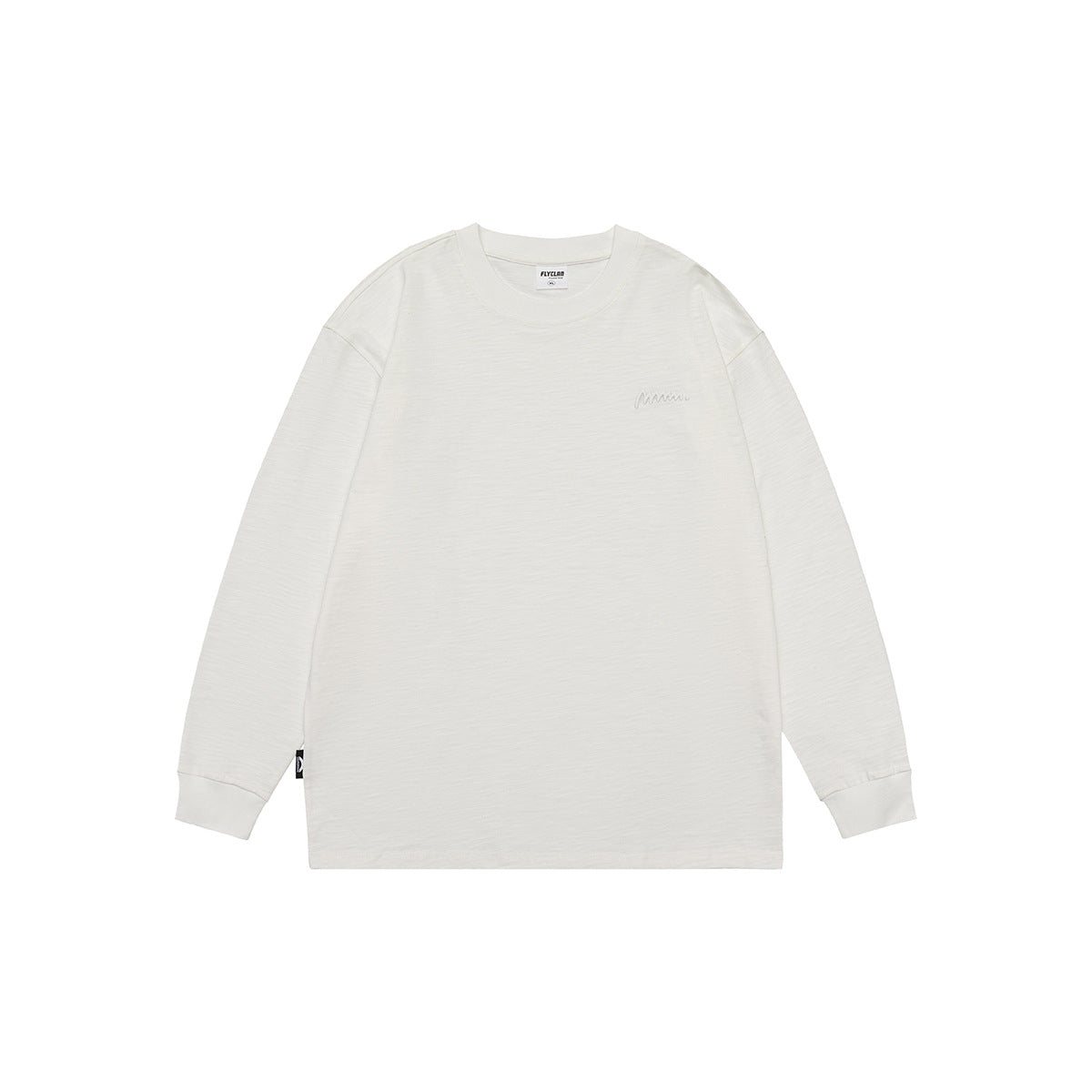 White long-sleeve crew-neck tee with ribbed cuffs and a small tonal chest mark, flat lay front view