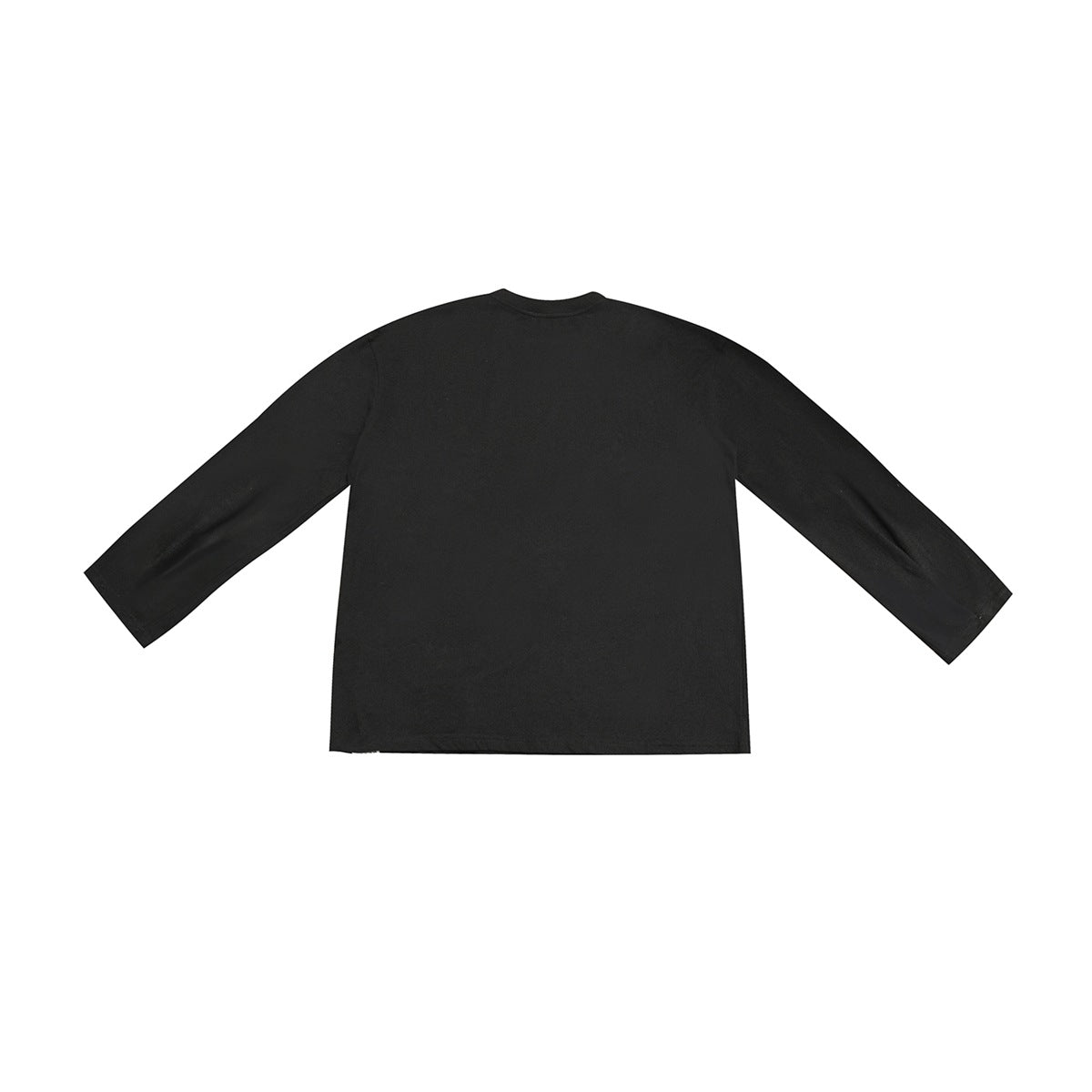 Black long-sleeve crew-neck top laid flat, shown from the back with drop shoulders