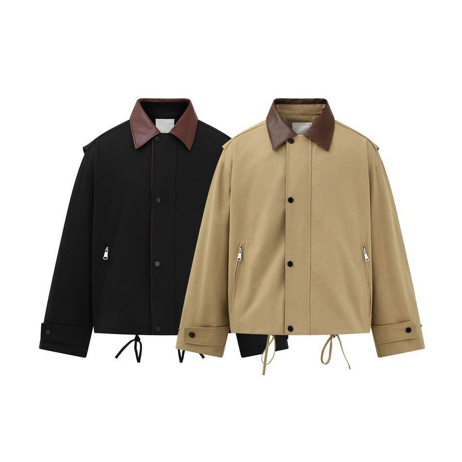 Two short jackets shown from the front: one black and one tan, both with dark brown collars and zip pockets.