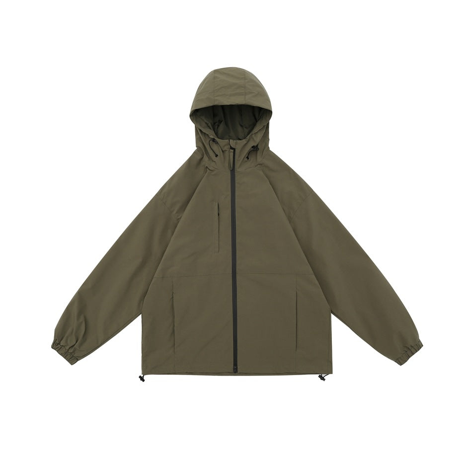 Army green hooded zip-up jacket laid flat, front view with chest zip pocket, front pockets and elastic cuffs