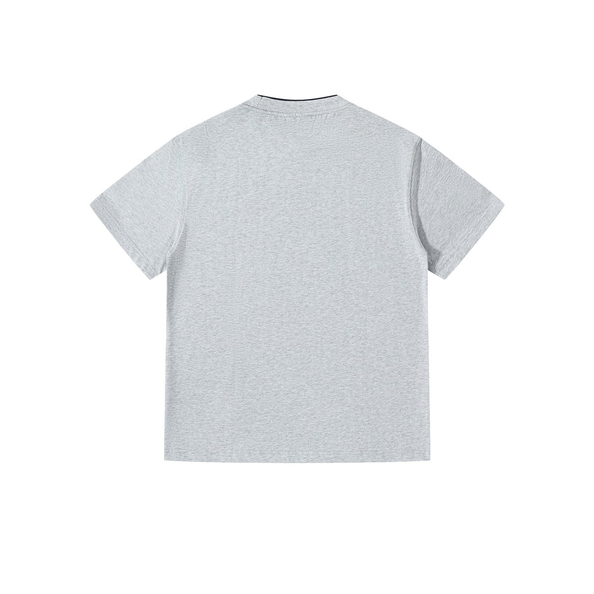 Back view of a plain light gray short-sleeve crew-neck T-shirt.