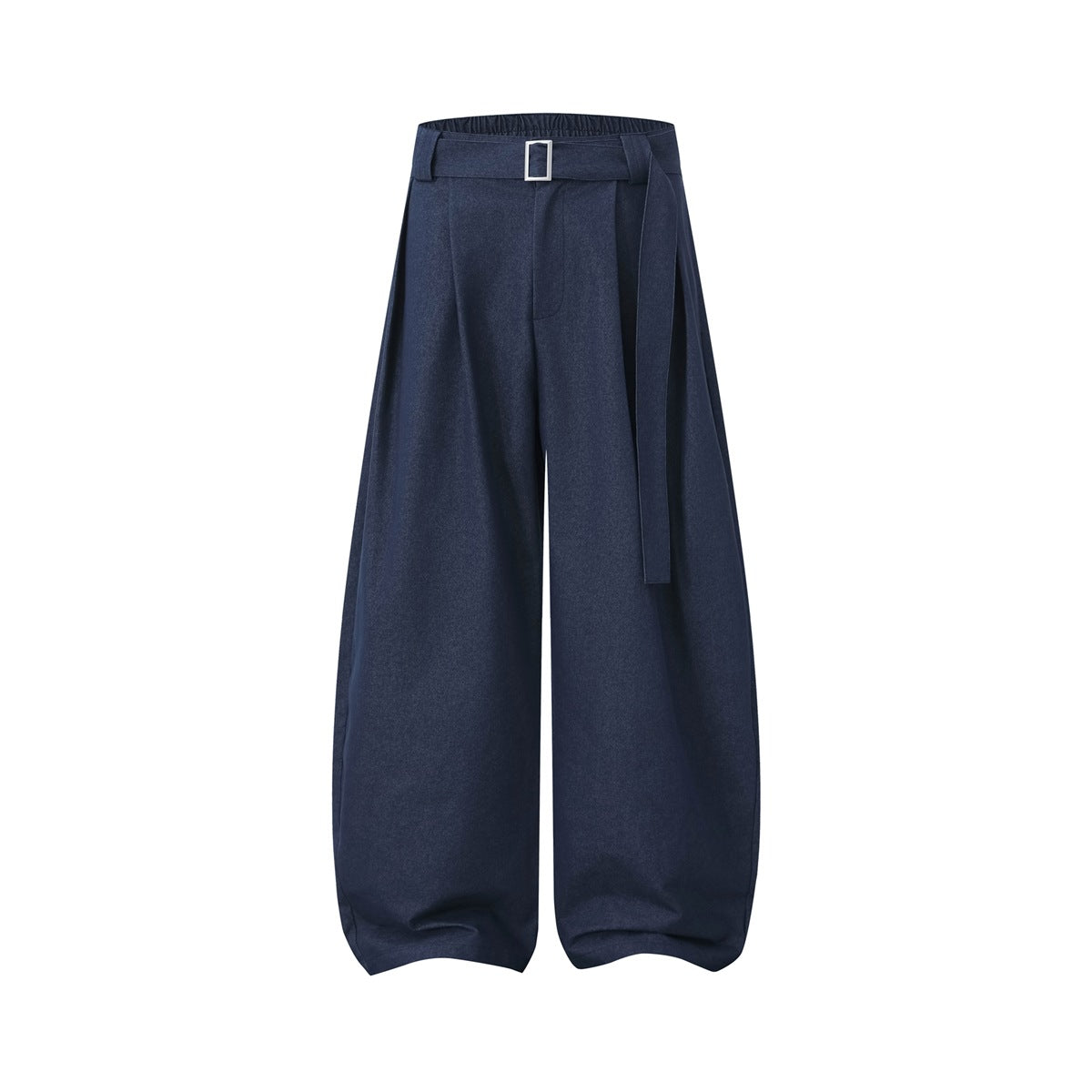 Navy blue wide-leg pleated pants with a self-fabric belt and silver buckle, front view on white background
