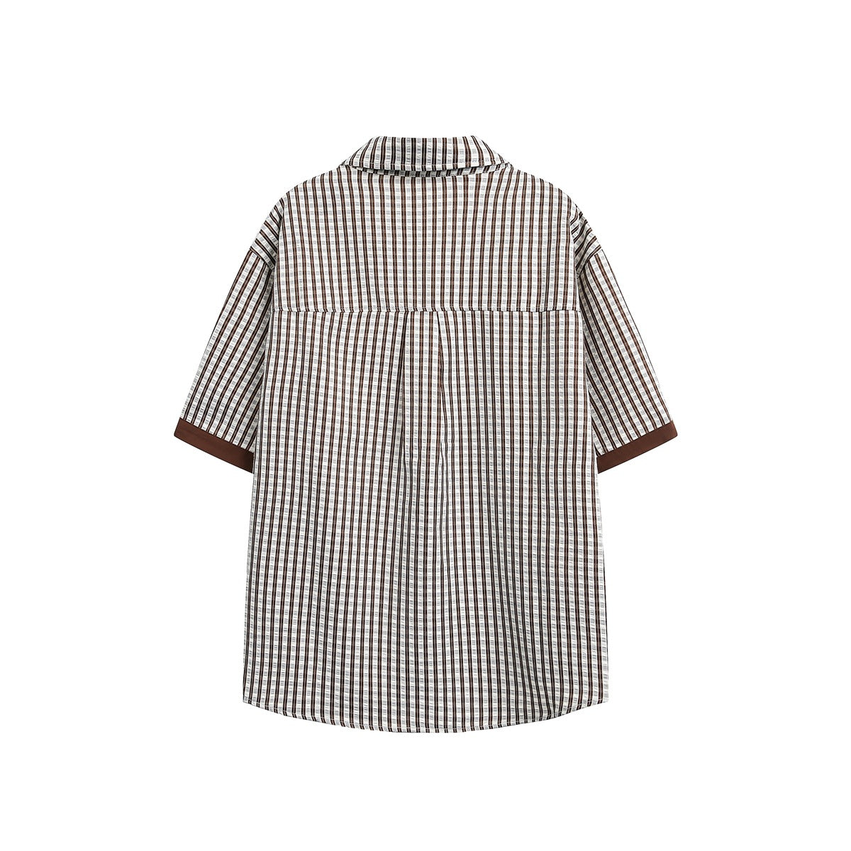 Back view of a brown-and-white plaid short-sleeve button-up shirt with dark brown sleeve cuffs.