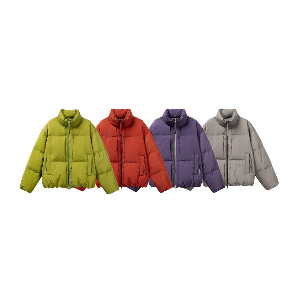 Four high-collar puffer jackets shown together in lime, red, purple and light gray.