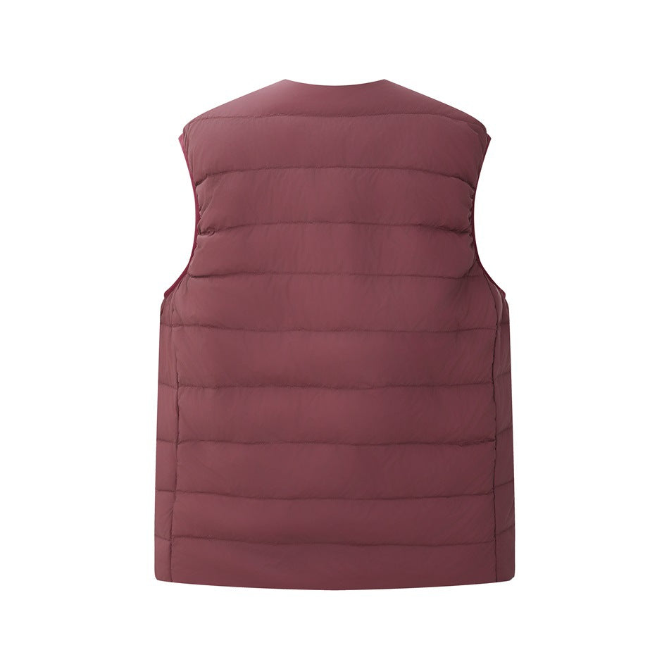 Back view of a burgundy sleeveless quilted puffer vest with horizontal padded channels.