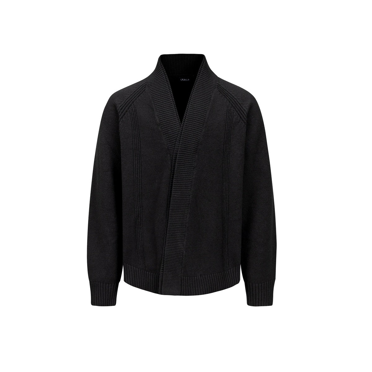 Black knit cardigan with diagonal wrap front, ribbed shawl collar, raglan sleeves and ribbed cuffs, flat front view