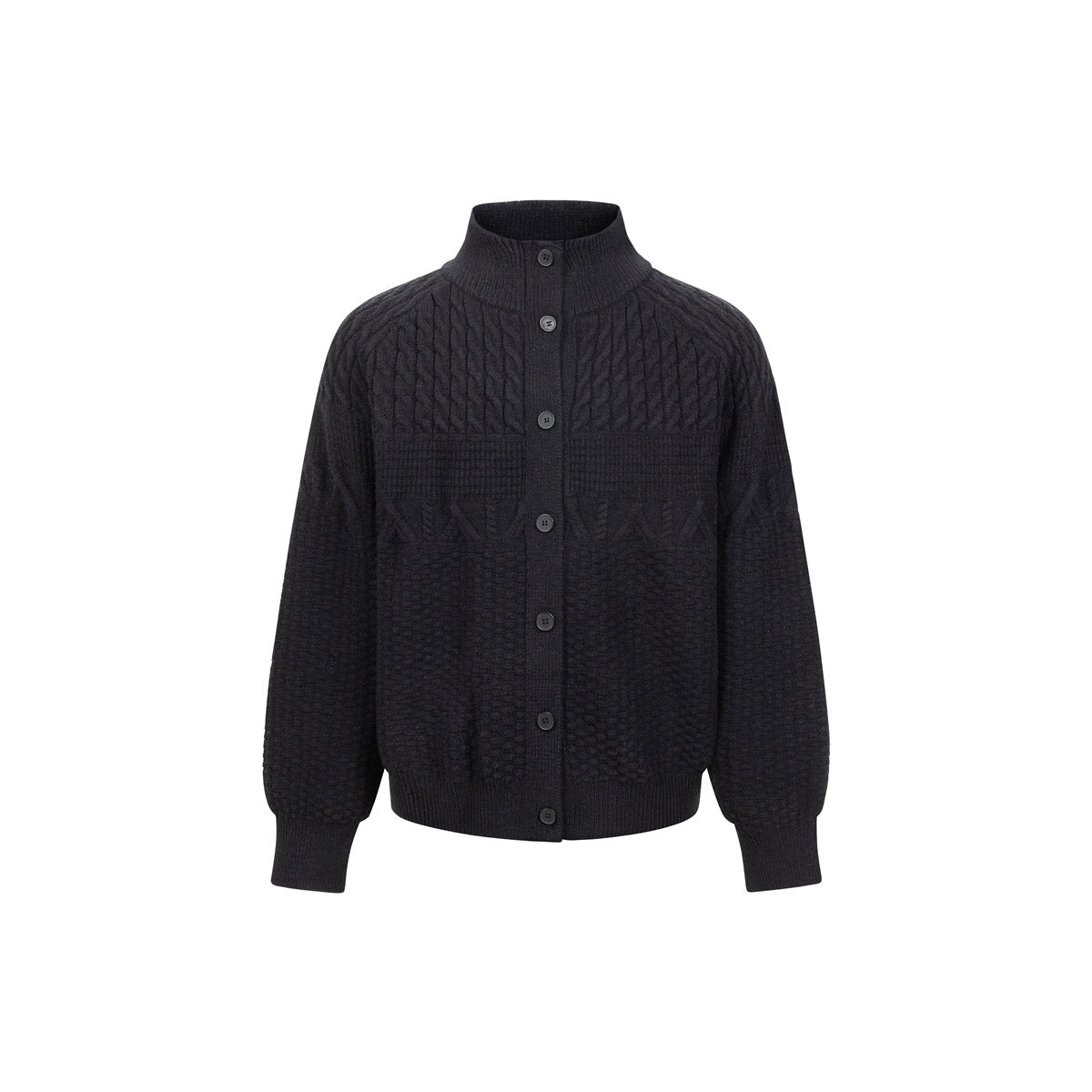 Black cable-knit stand-collar cardigan with front buttons, flat front view