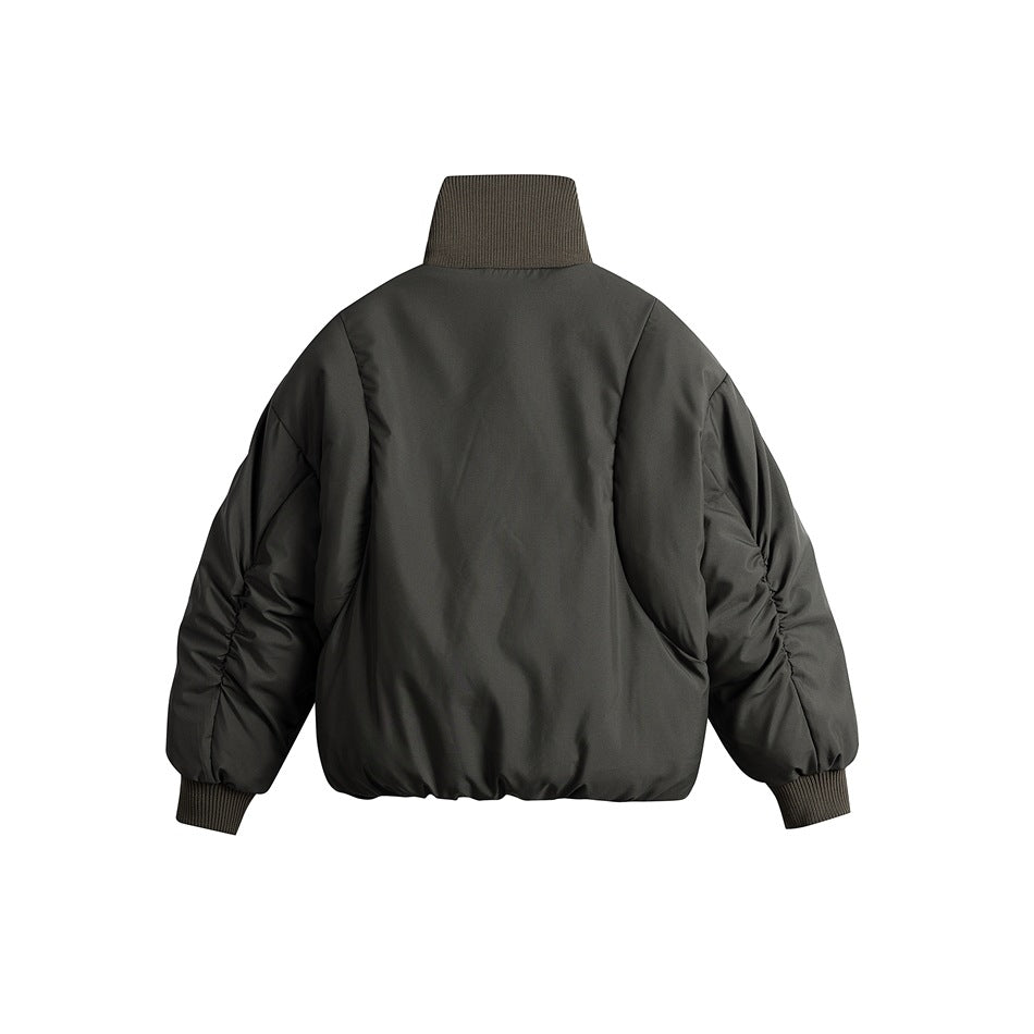 Back view of dark army green puffer jacket with ribbed stand collar, gathered sleeve detail and ribbed cuffs