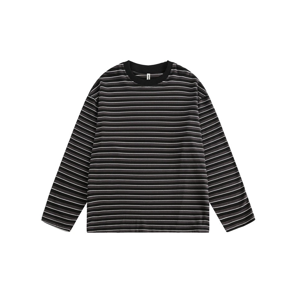 Black long-sleeve crew-neck top with white and gray pinstripes, flat lay front view