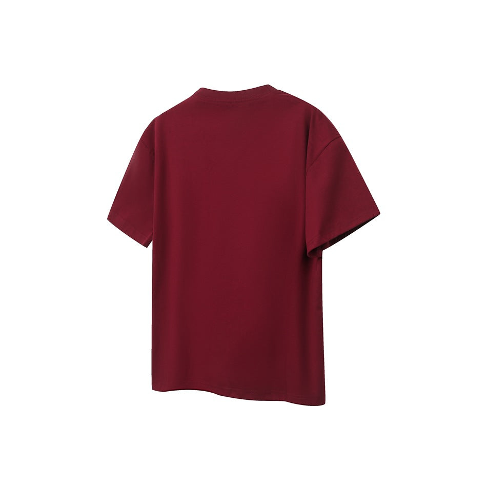 Back view of a plain burgundy short-sleeve crew-neck T-shirt with dropped shoulders