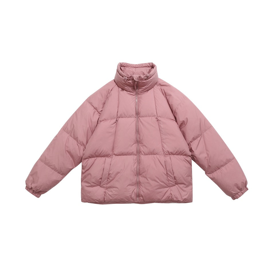 Dusty pink quilted puffer jacket with stand collar and front zipper, flat front view