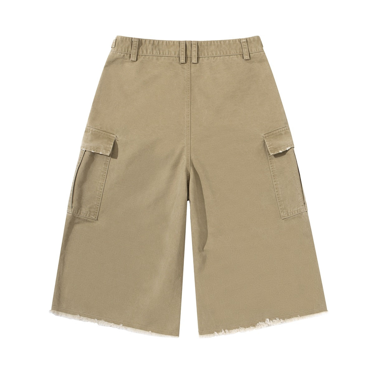 Back view of khaki wide-leg cargo pants with flap side pockets and frayed hems.