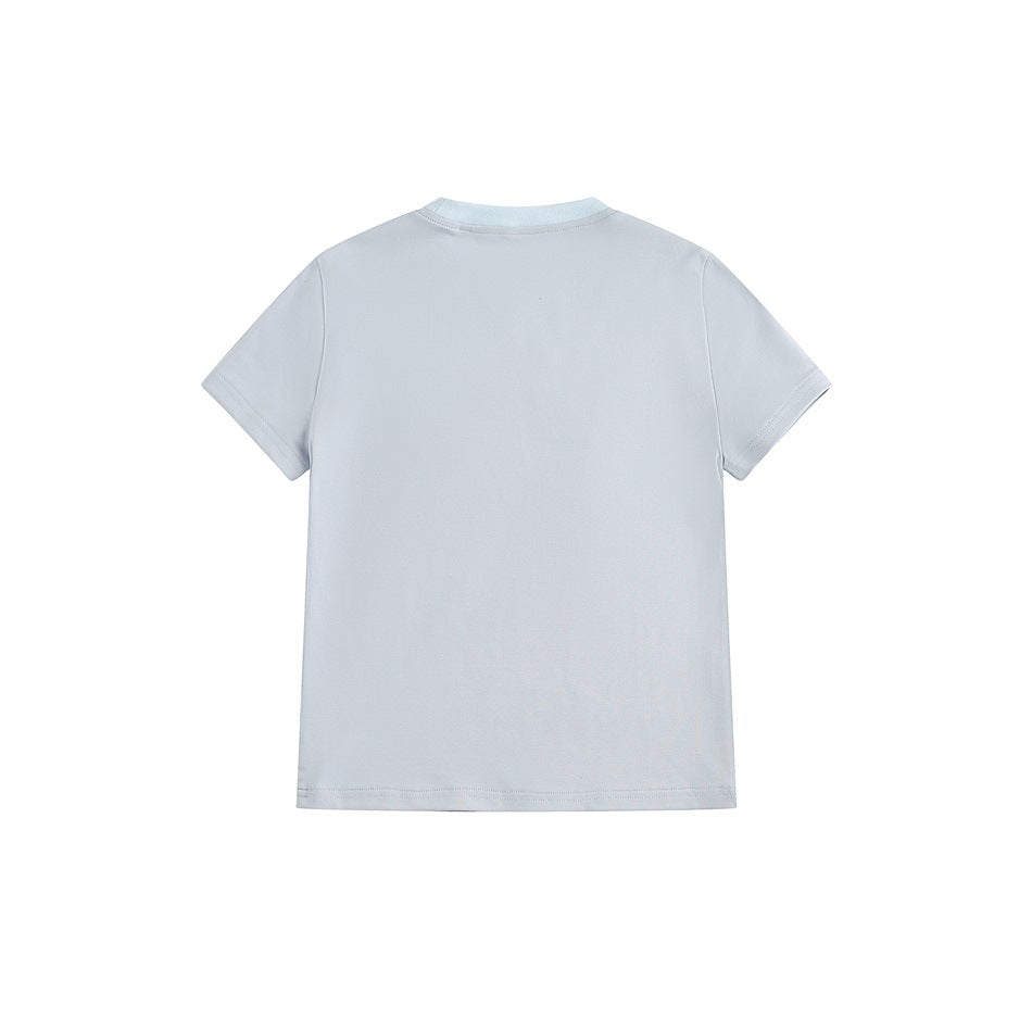 Back view of a plain light blue short-sleeve T-shirt with a lighter blue neckband