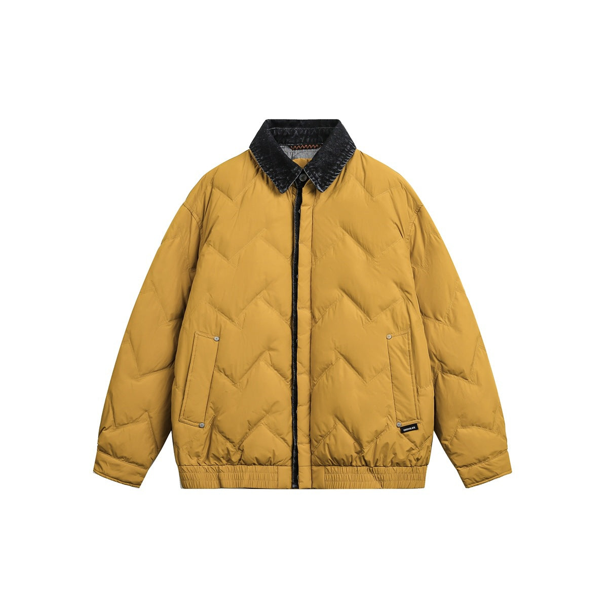 Yellow chevron-quilted jacket with dark washed denim-look collar, front view on a plain background