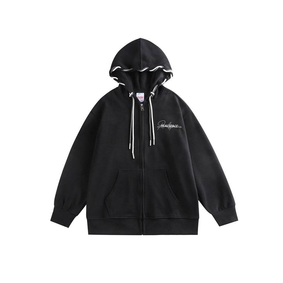 Black zip-front hoodie flat lay with white and gray rope trim, kangaroo pocket and chest embroidery