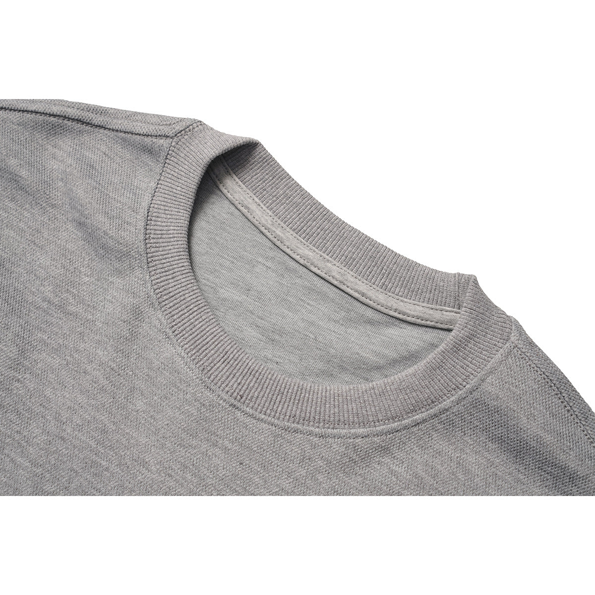 Close-up of a heather gray crewneck sweatshirt showing its ribbed neckline and shoulder stitching.