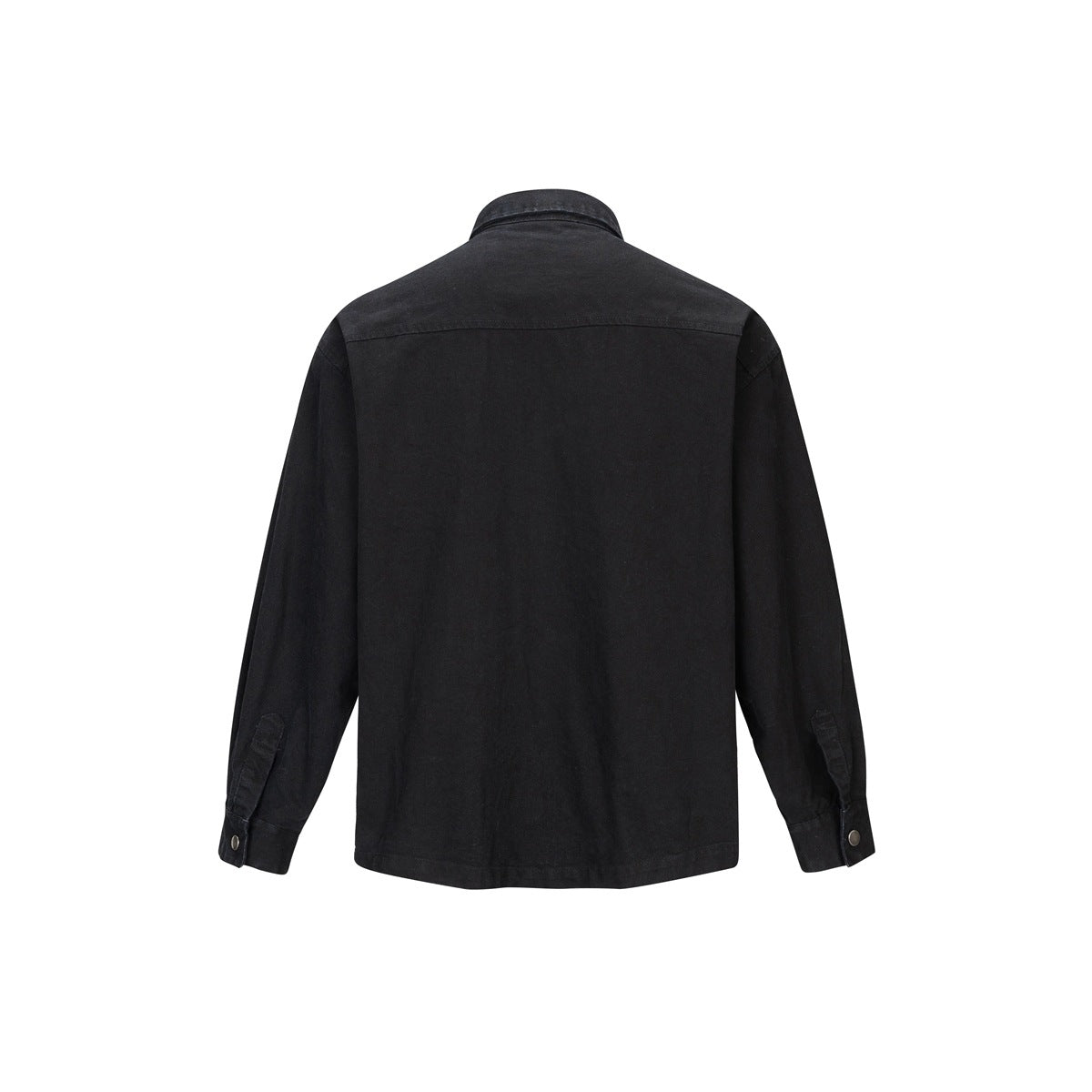 Back view of a black long-sleeve button-front shirt with a yoke seam and snap cuffs.