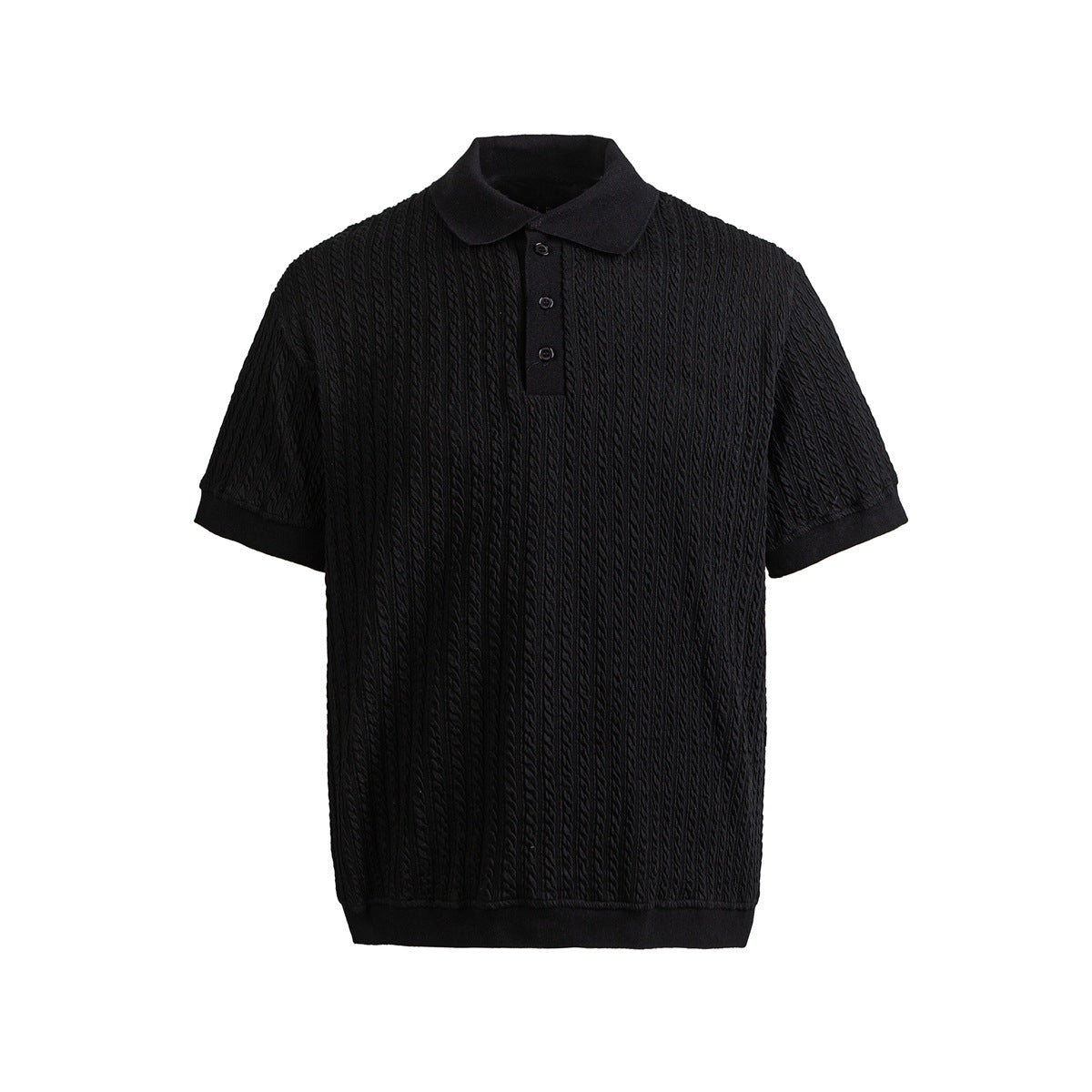 Black short-sleeve polo shirt with vertical cable-style texture, three buttons and ribbed cuffs and hem, front view