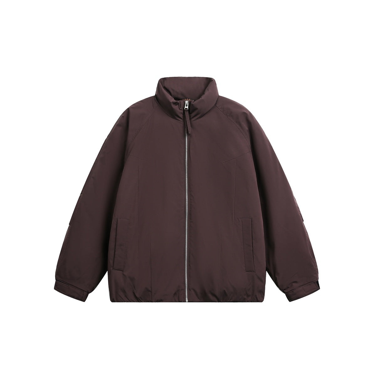 Dark brown stand-collar zip-front padded jacket, flat front view with slanted pockets and raglan sleeves