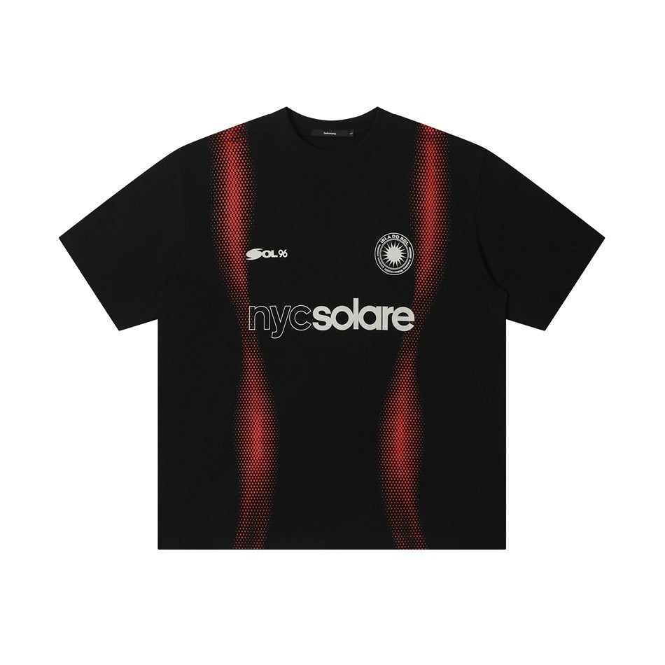 Black short-sleeve crew-neck T-shirt with red halftone stripes and white nycsolare print on the front