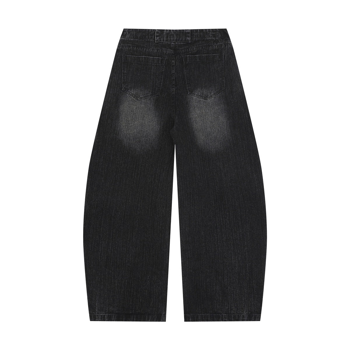 Full back view of black wide-leg jeans with two back pockets and a wide waistband.