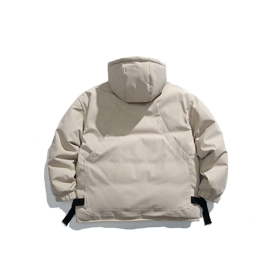 Back view of a light beige hooded jacket laid flat, with elastic cuffs and black adjustable hem straps.