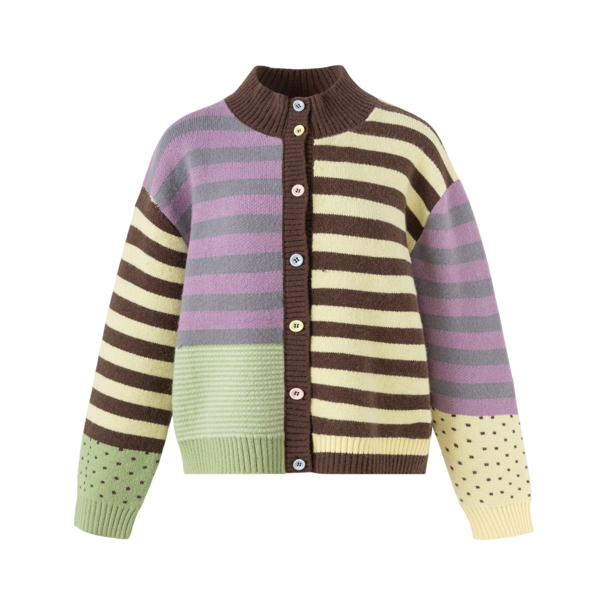 Striped colorblock knit cardigan in brown, yellow, lavender, gray and green with pastel buttons, flat front view
