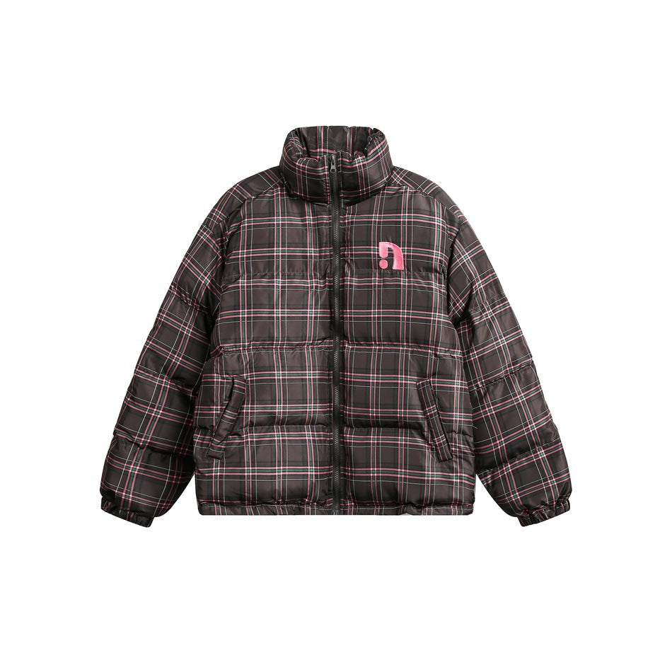 Brown plaid puffer jacket with pink and green stripes, stand collar, front zipper and pink chest logo, flat front view