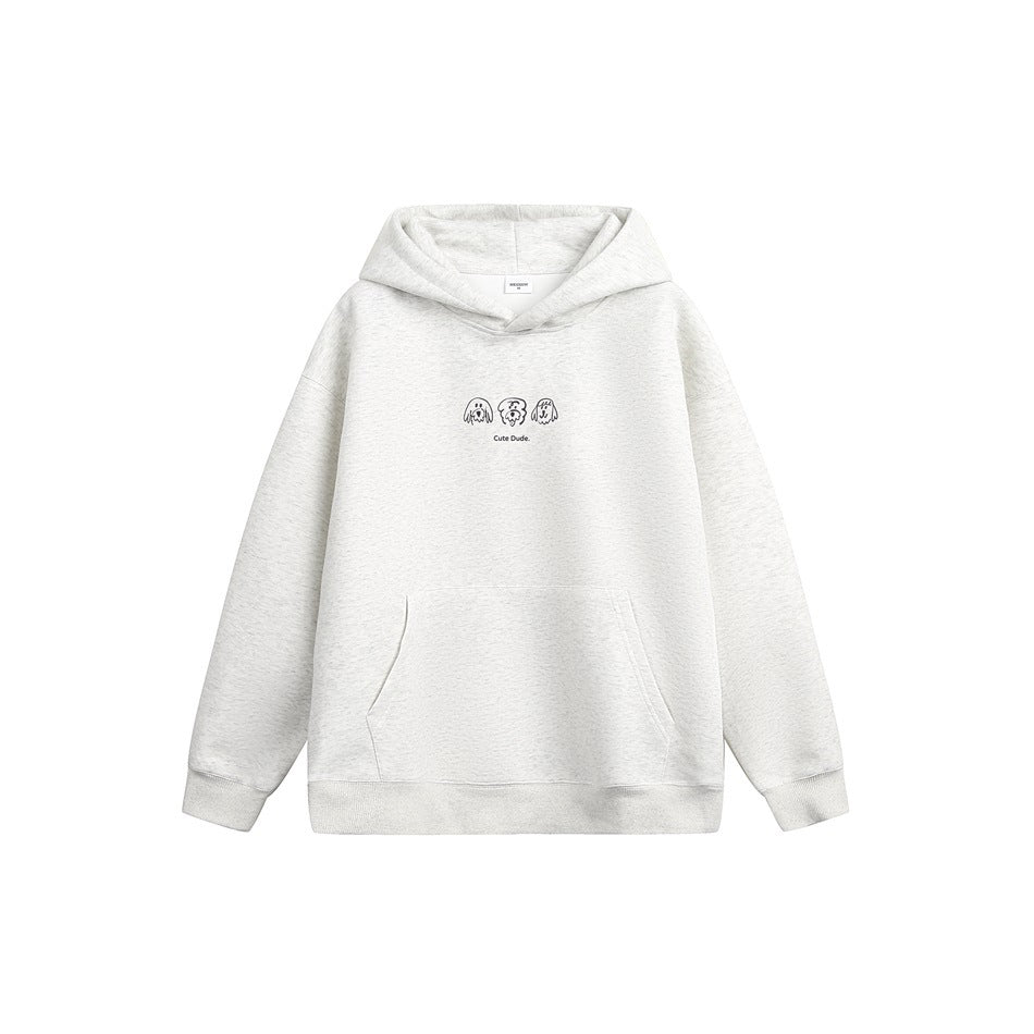 Light heather gray pullover hoodie flat lay with dark dog line-art print and Cute Dude text, front pocket
