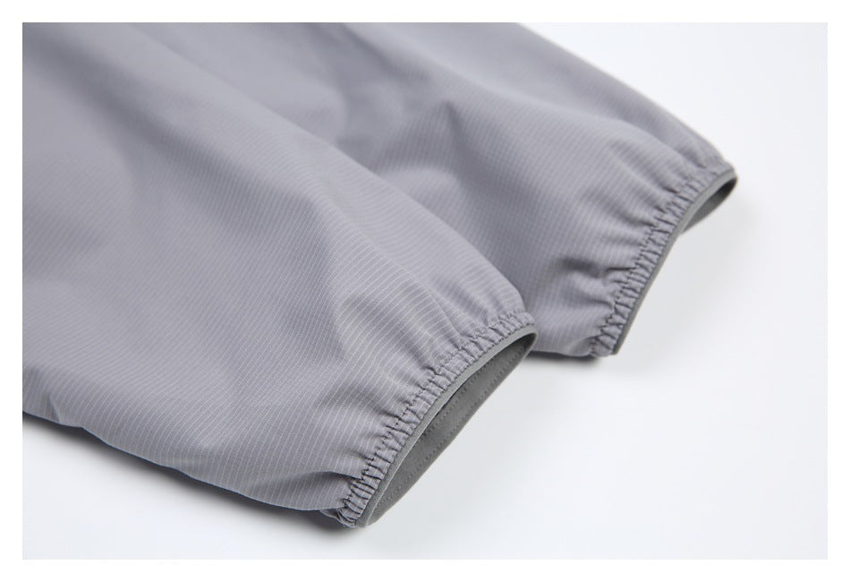 Close-up of two gray striped garment openings finished with gathered elastic edges.