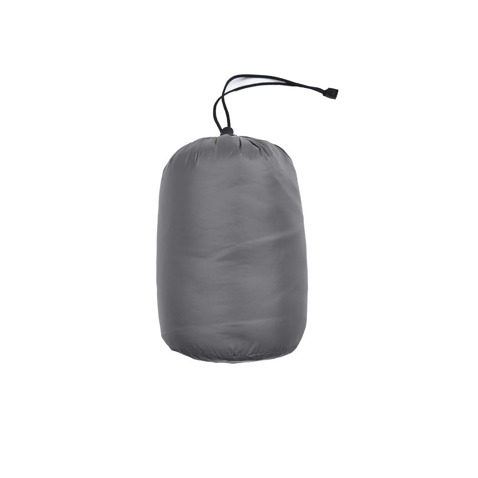 Gray drawstring storage sack with a black cord and toggle, isolated on a white background.