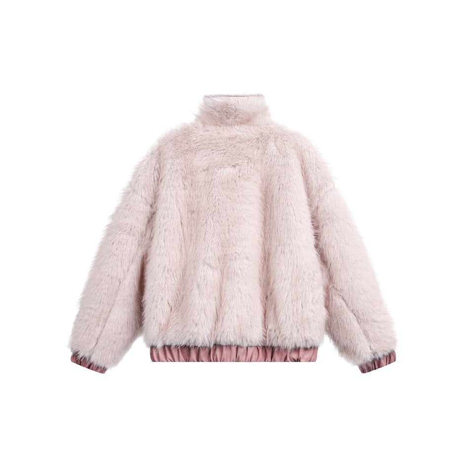 Back view of a pale pink faux-fur jacket with a high collar and elasticated hem and cuffs.