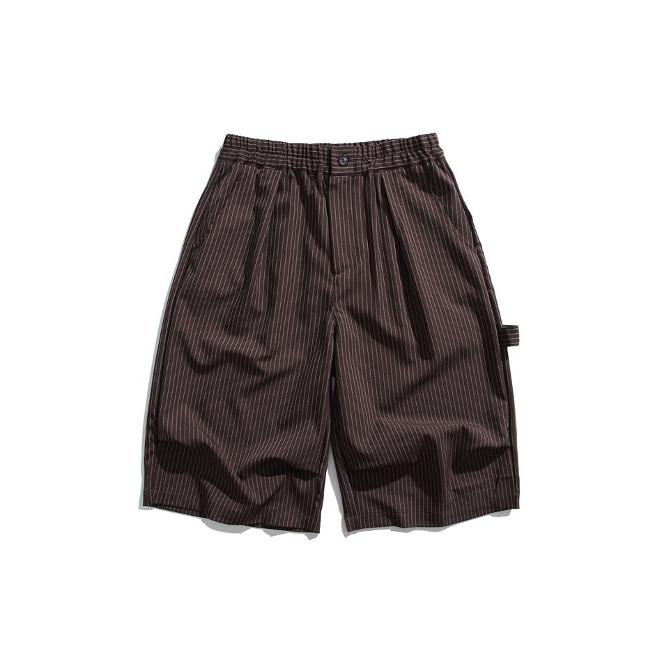 Coffee brown pinstriped knee-length shorts, front flat lay, elastic waistband, button and side loop strap