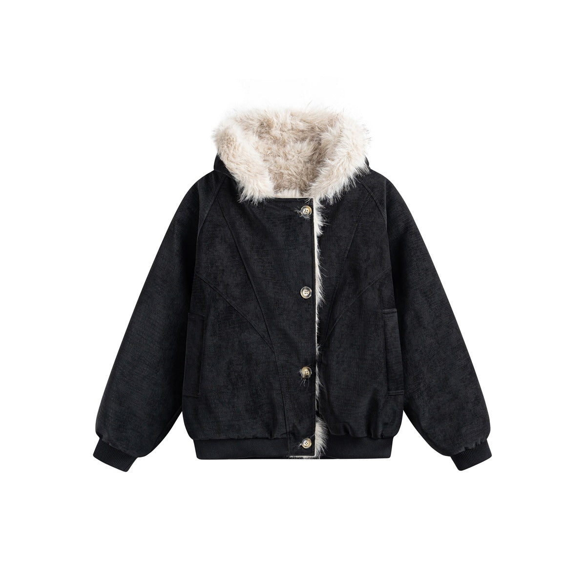 Black hooded button-front jacket with cream fur-like hood trim and lining, ribbed cuffs, flat front view