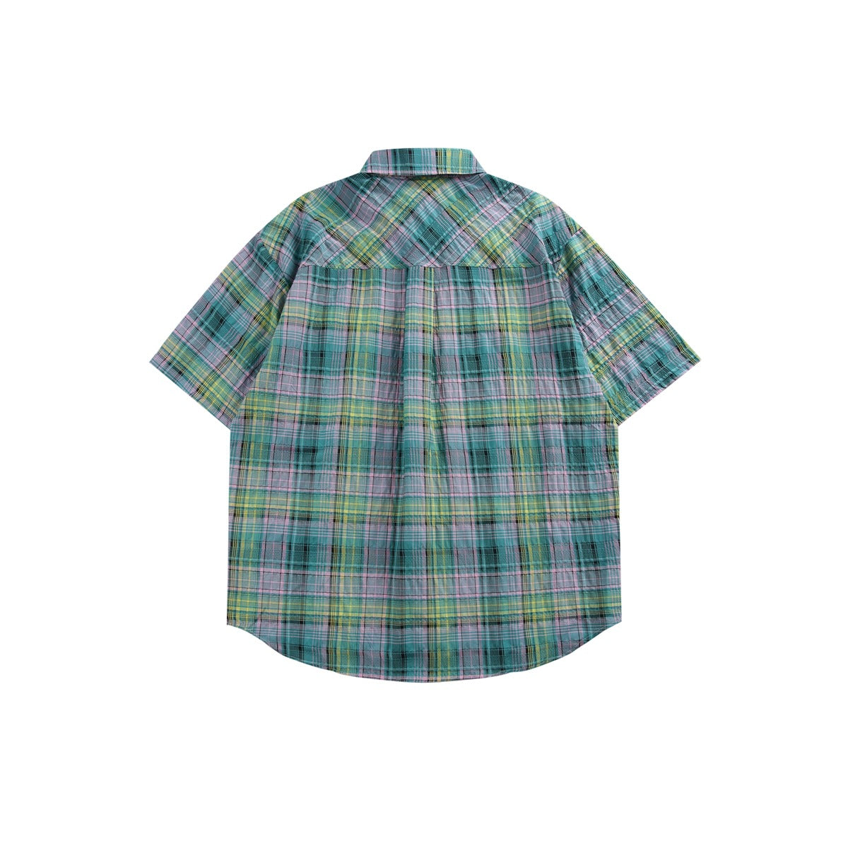 Back view of green plaid short-sleeve shirt flat lay showing the back yoke and curved hem