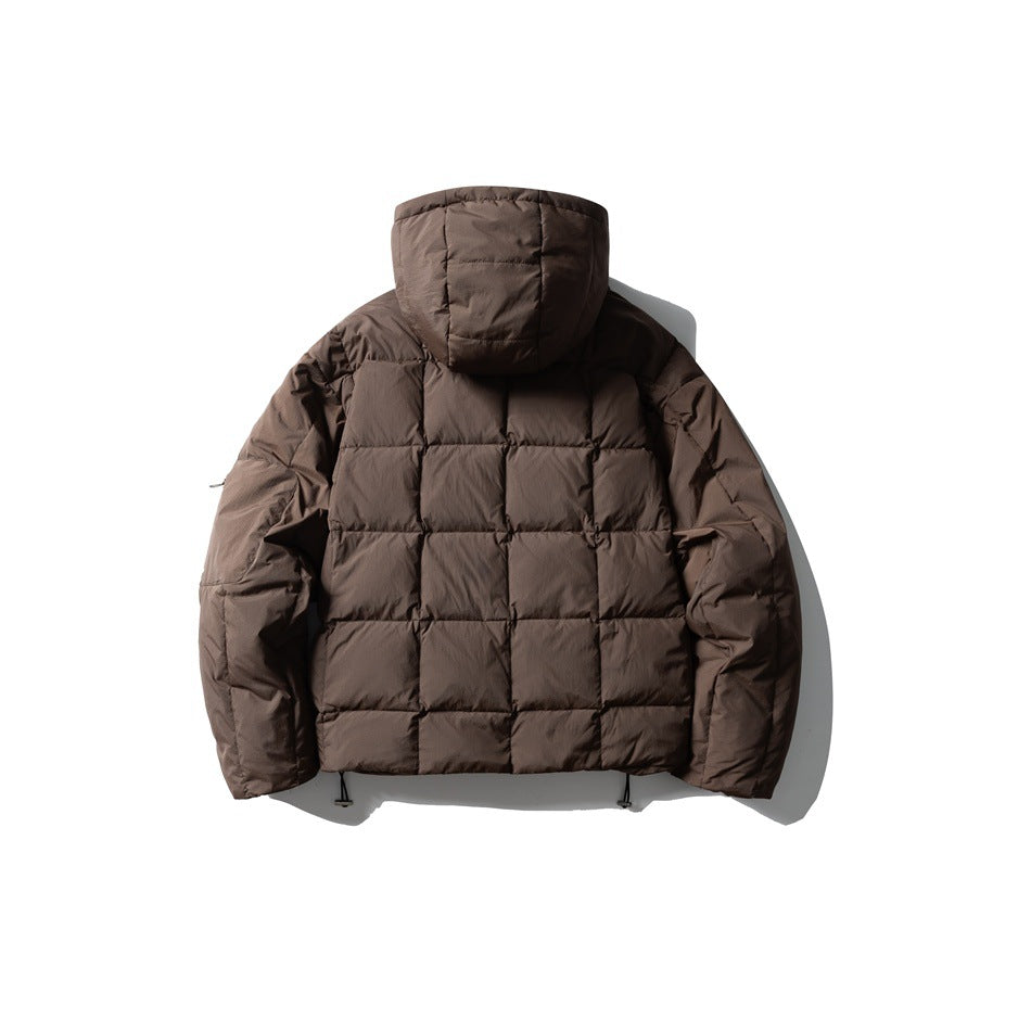 Dark brown hooded quilted puffer jacket, back flat view showing grid quilting and hood