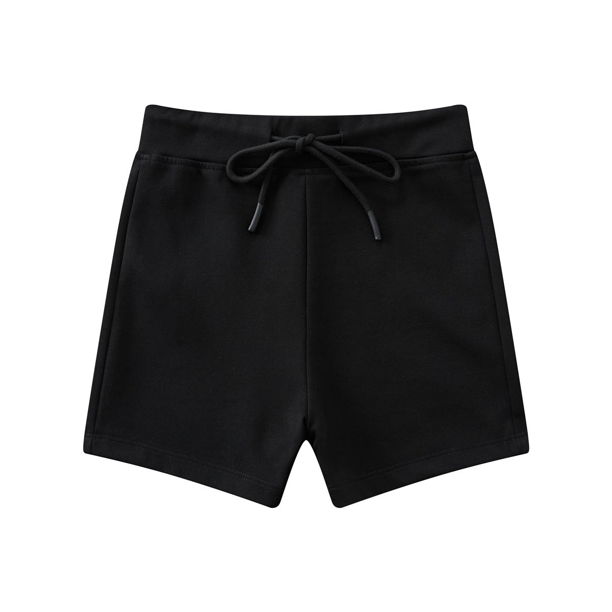 Black drawstring shorts with a wide waistband, flat front view