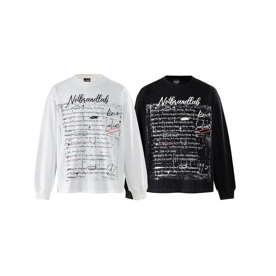 White and black long-sleeve crew-neck shirts shown from the front, both with large distressed text graphics.